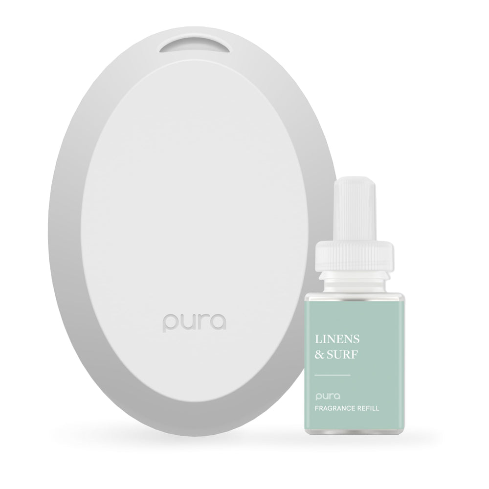 Pura difusor mini frontal en baño mostrando diseño compacto y elegante
