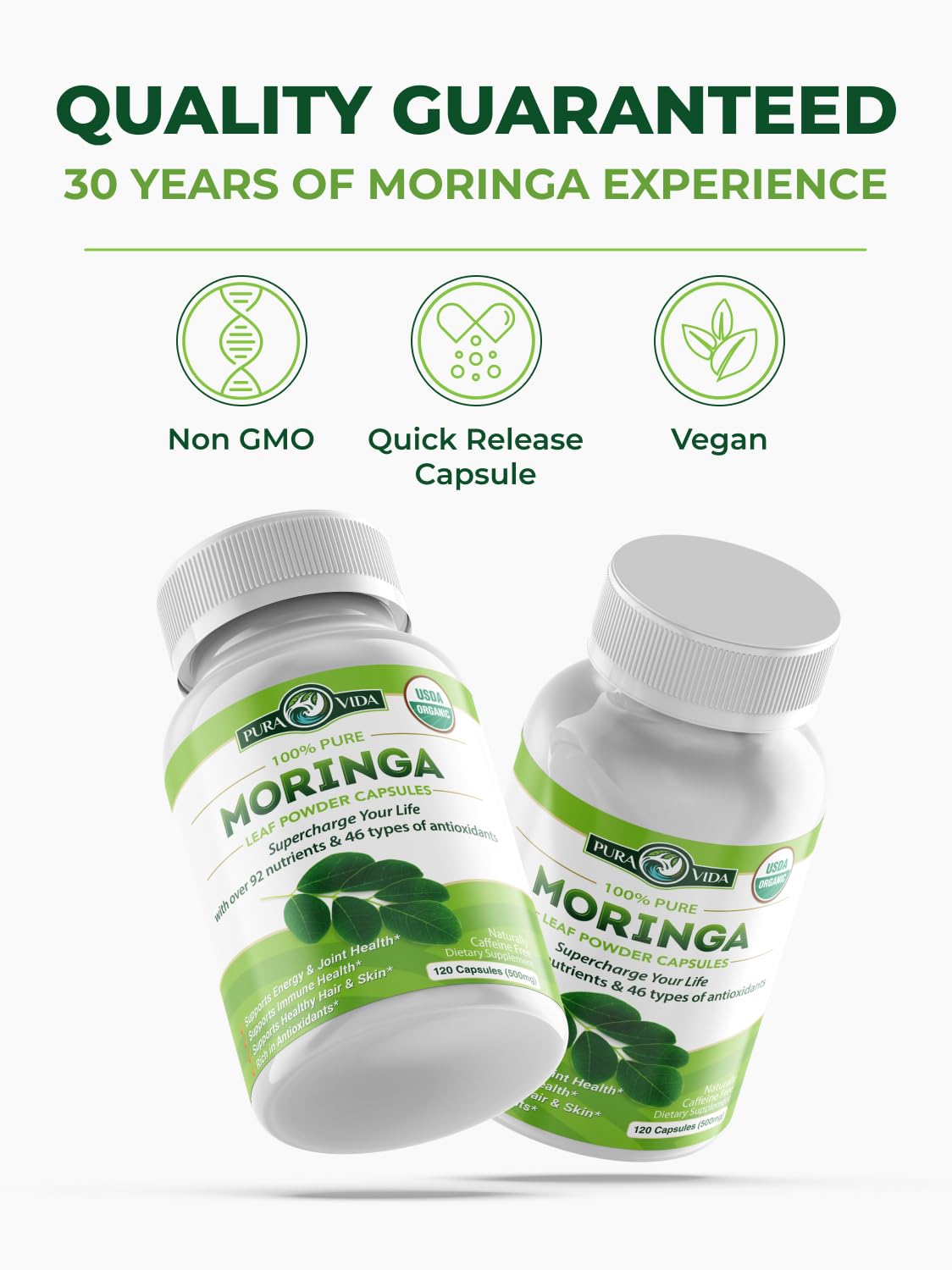 Pura Vida Moringa análisis de laboratorio, pruebas de pureza visibles