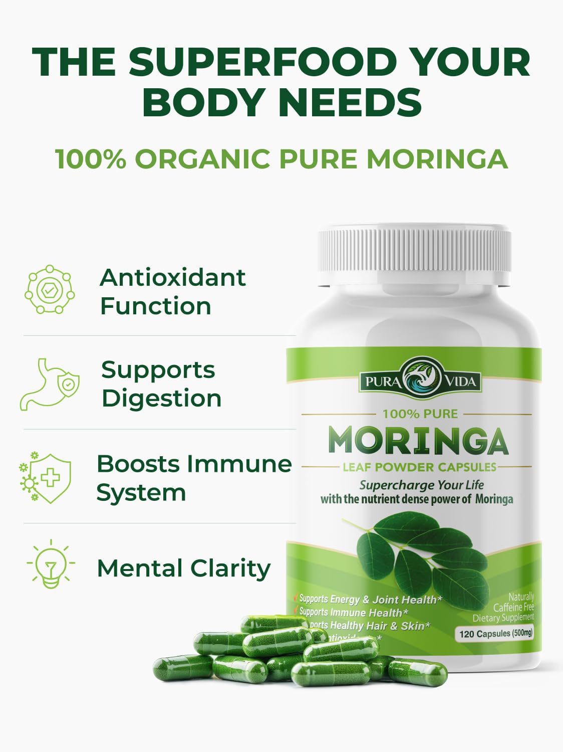 Pura Vida Moringa cápsula junto a regla, muestra tamaño real práctico