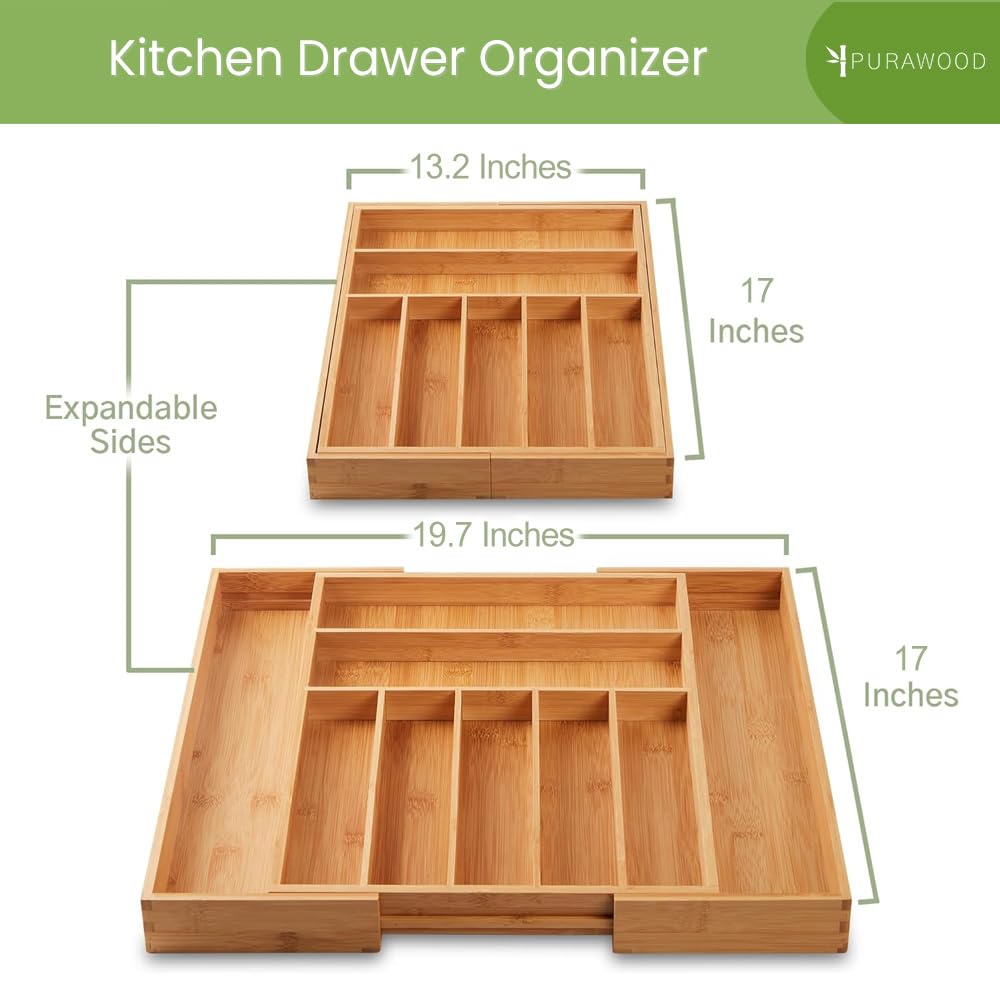Organizador Purawood dentro de un cajón de cocina manteniendo cubiertos organizados