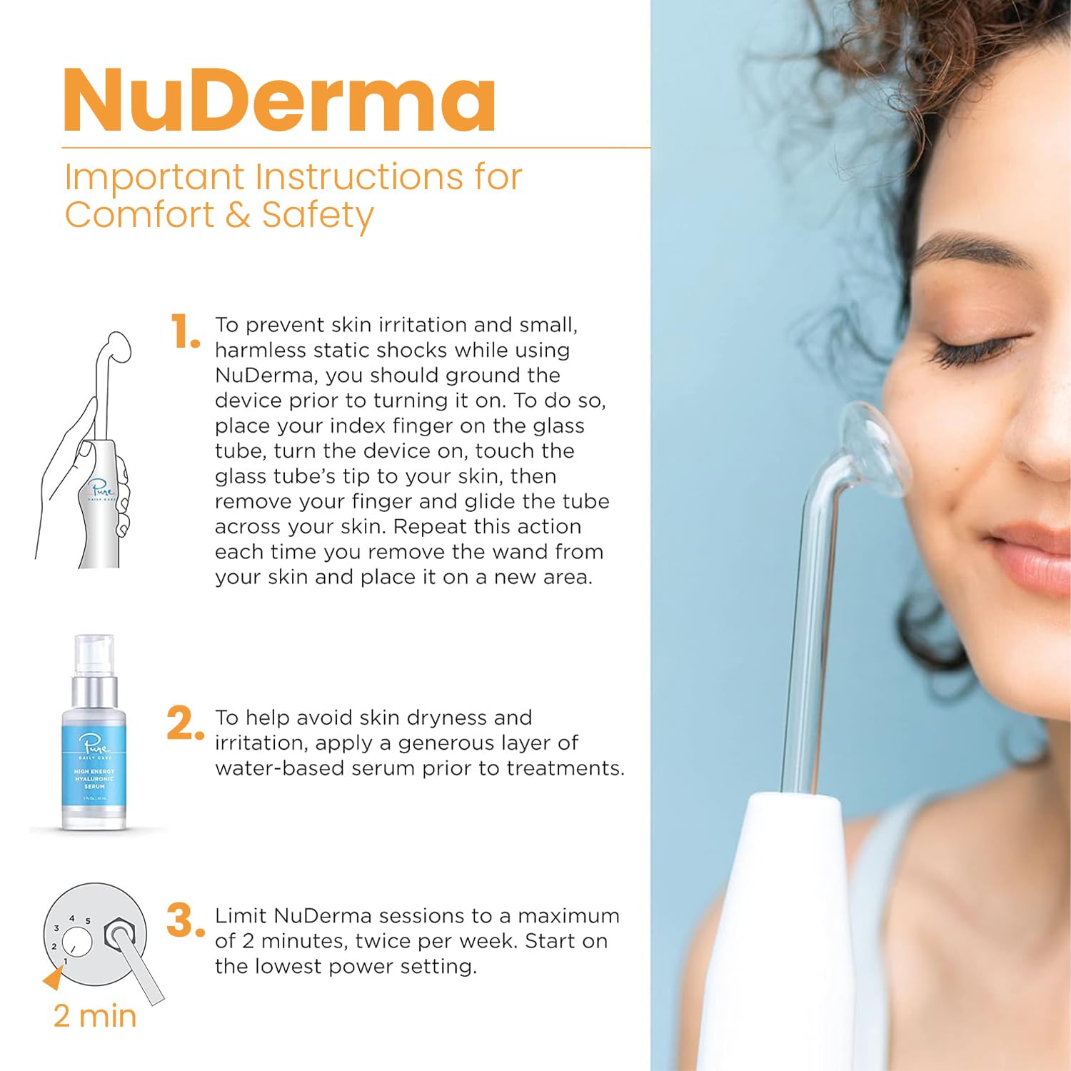 Pure Daily Care NuDerma en uso sobre rostro demostrando estímulo y luminosidad