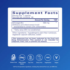 Primer plano de una cápsula Pure Encapsulations Ashwagandha ilustrando textura y forma fácil de tragar