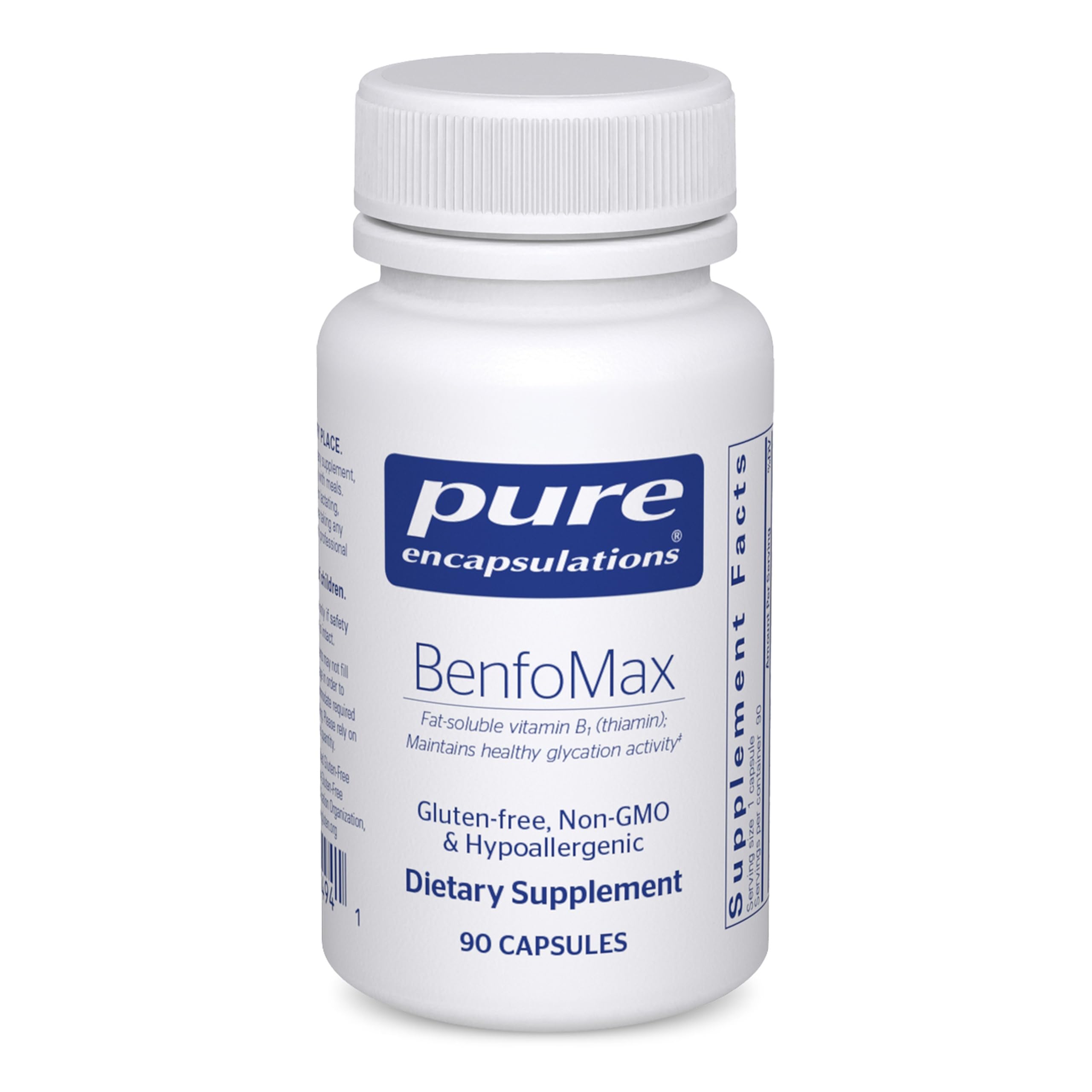 Pure Encapsulations frasco BenfoMax frontal mostrando 90 cápsulas y beneficios