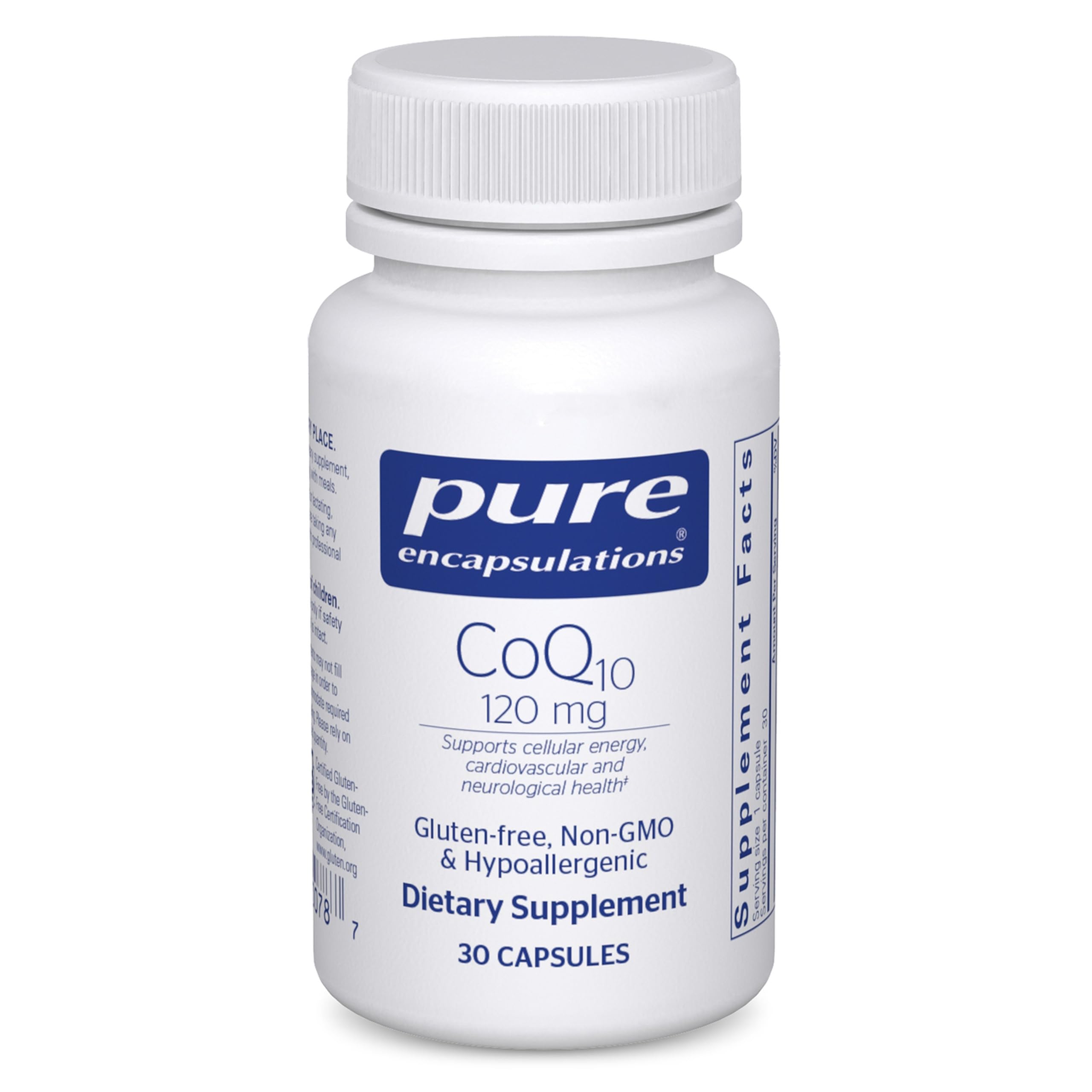 Pure Encapsulations frasco frontal mostrando 30 cápsulas y pureza de la fórmula