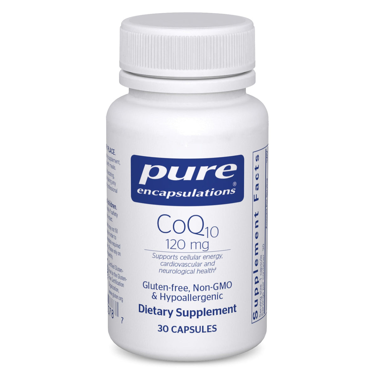 Pure Encapsulations frasco frontal mostrando 30 cápsulas y pureza de la fórmula