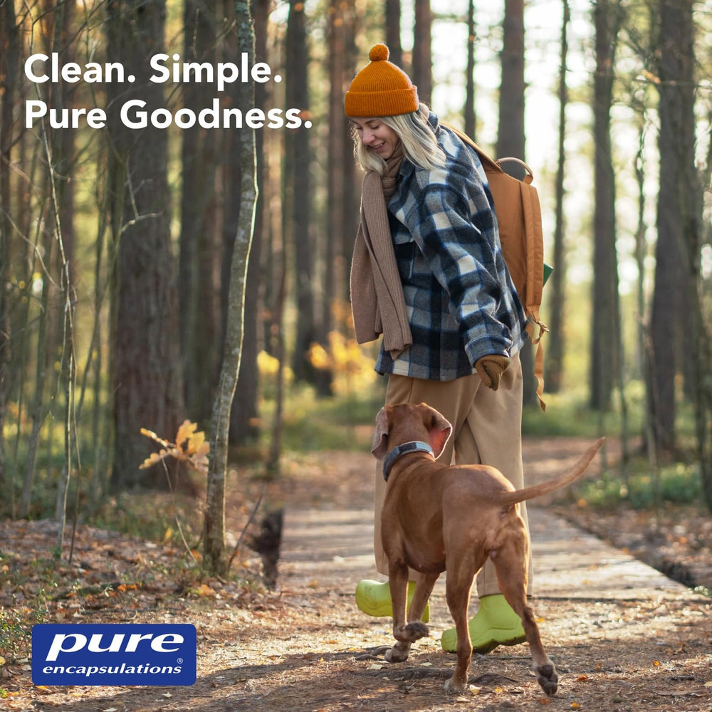 Pure Encapsulations envase junto a ingredientes y accesorios, confianza en la calidad