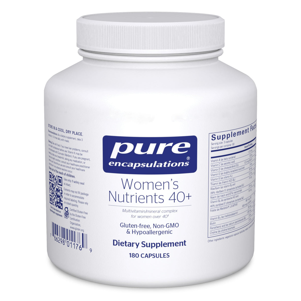 Pure Encapsulations frente del empaque mostrando 180 cápsulas y beneficio de suministro prolongado
