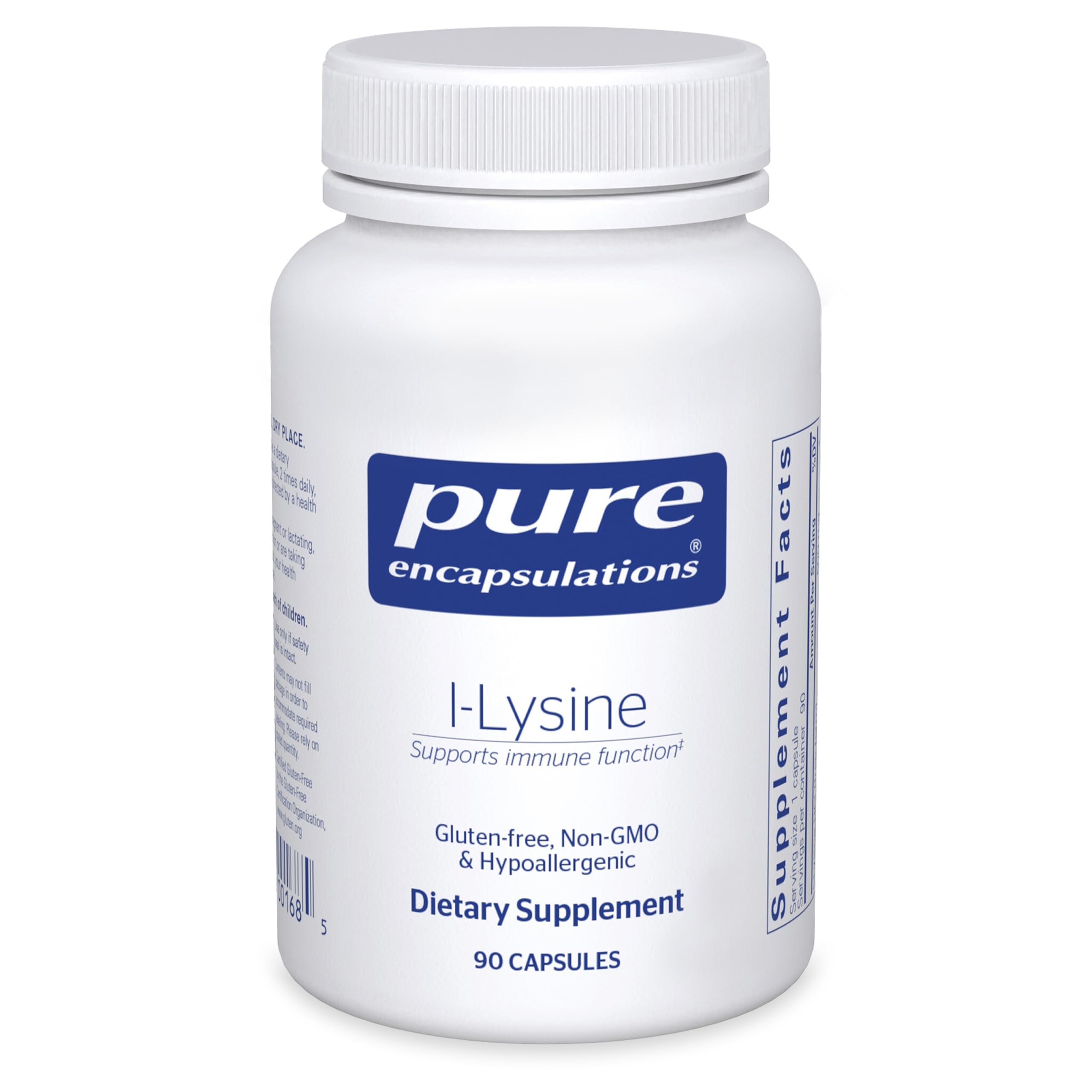 Pure Encapsulations L-Lysine vista frontal del envase y cantidad visible
