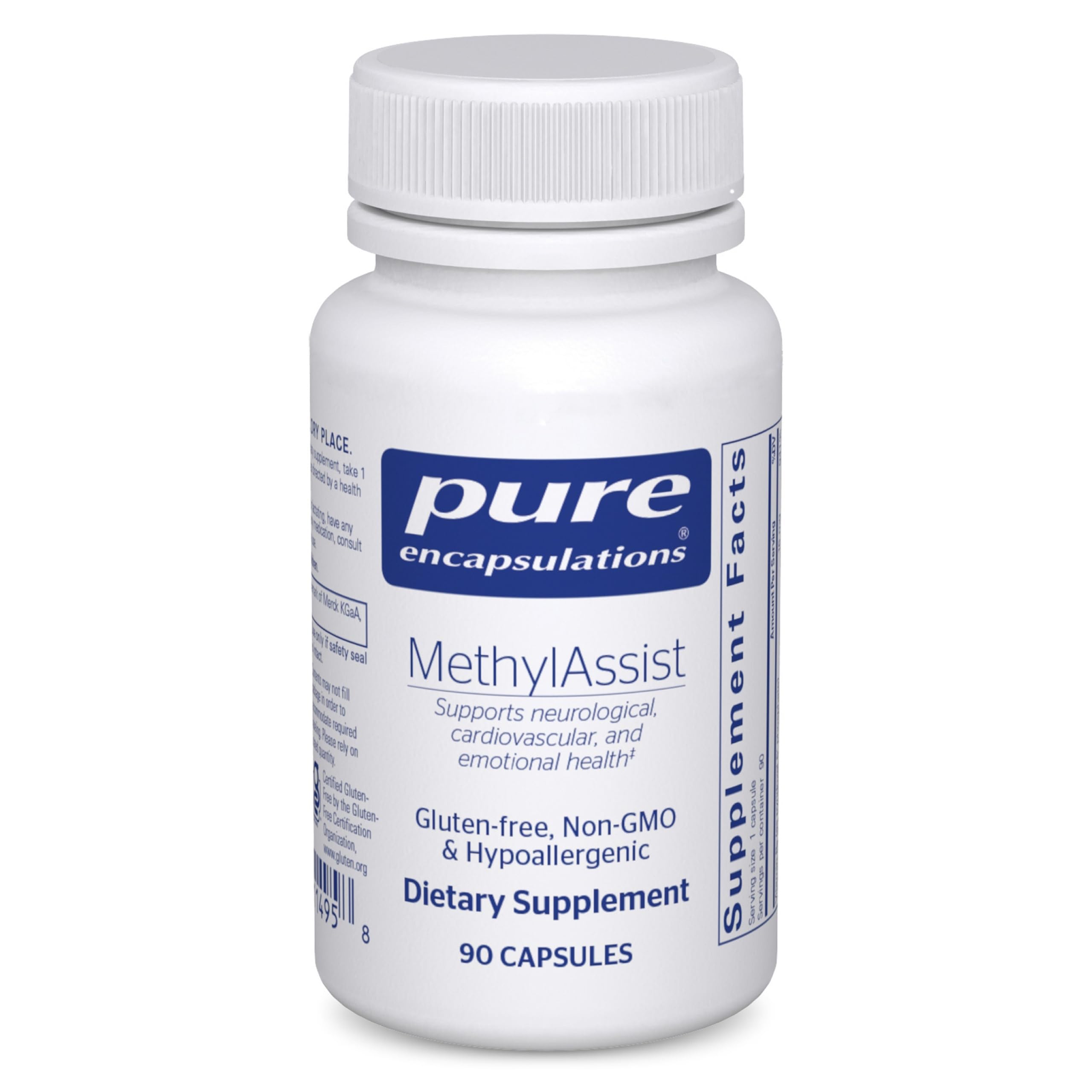 Pure Encapsulations MethylAssist vista frontal, envase claro y beneficios de pureza