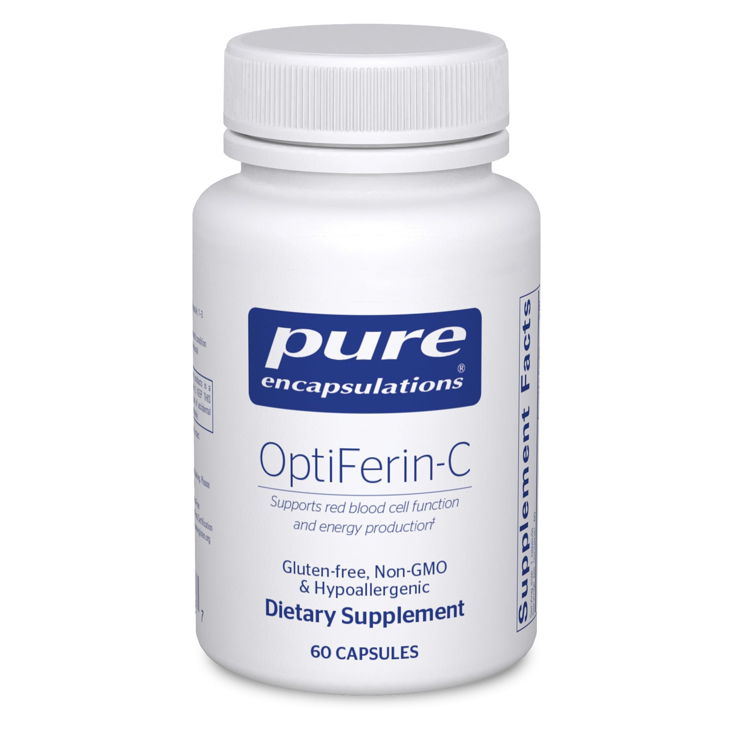 Pure Encapsulations frasco OptiFerin-C mostrando etiqueta y beneficio de pureza