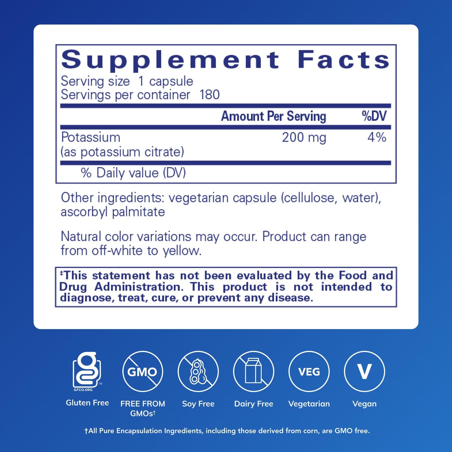Pure Encapsulations etiqueta en primer plano con información del producto visible