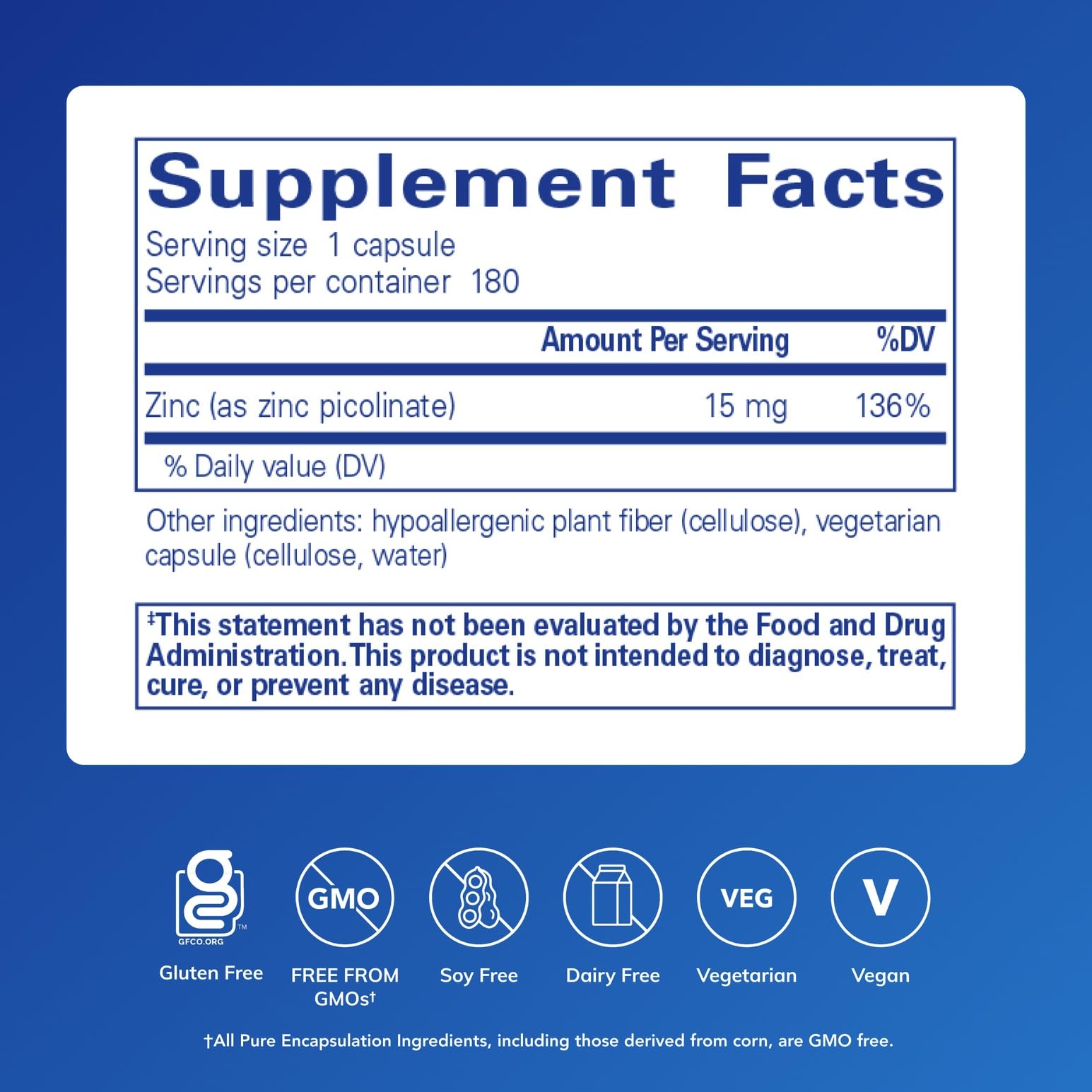 Pure Encapsulations etiqueta lateral con información de ingredientes y pureza