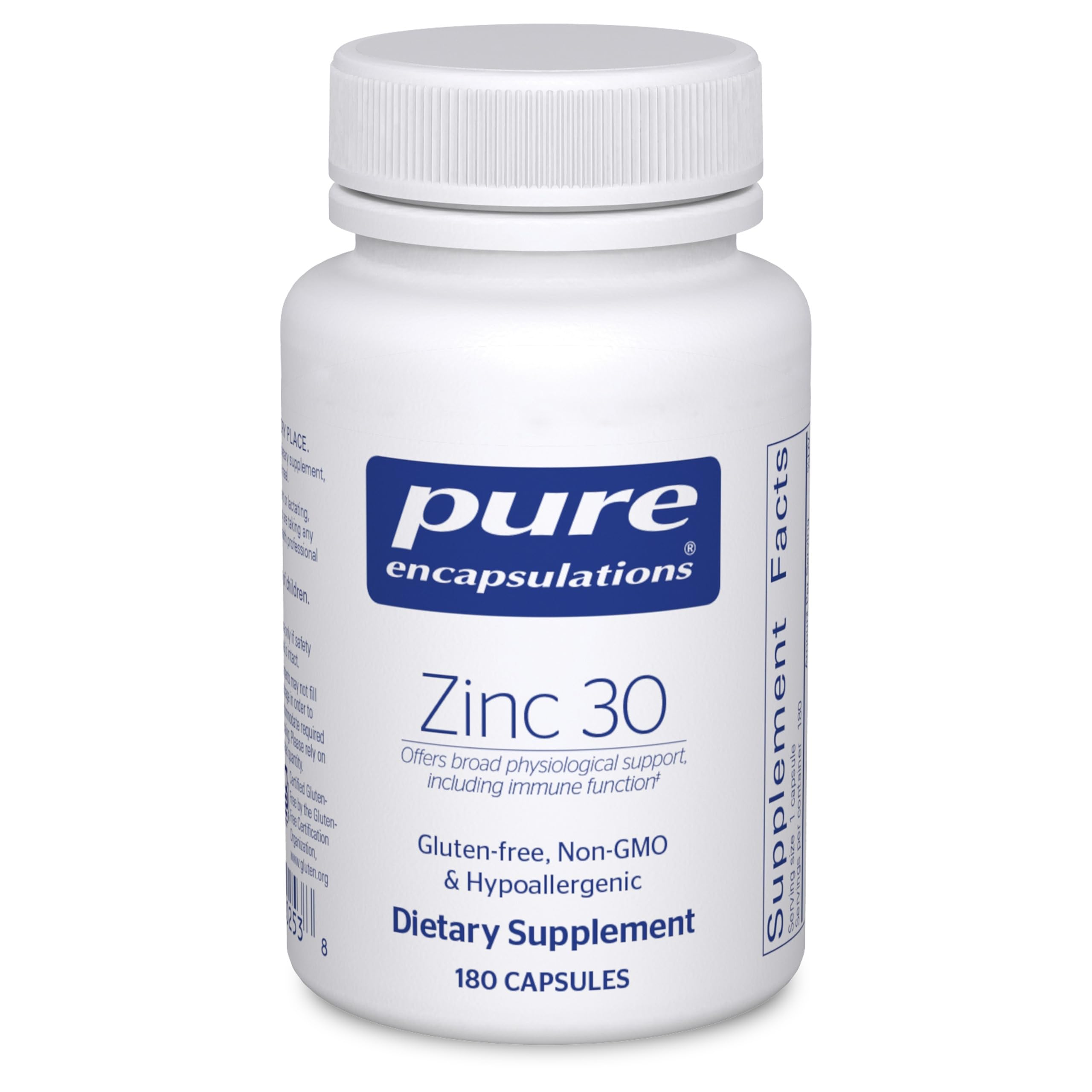 Pure Encapsulations envase frontal claro mostrando 180 cápsulas y beneficio de pureza
