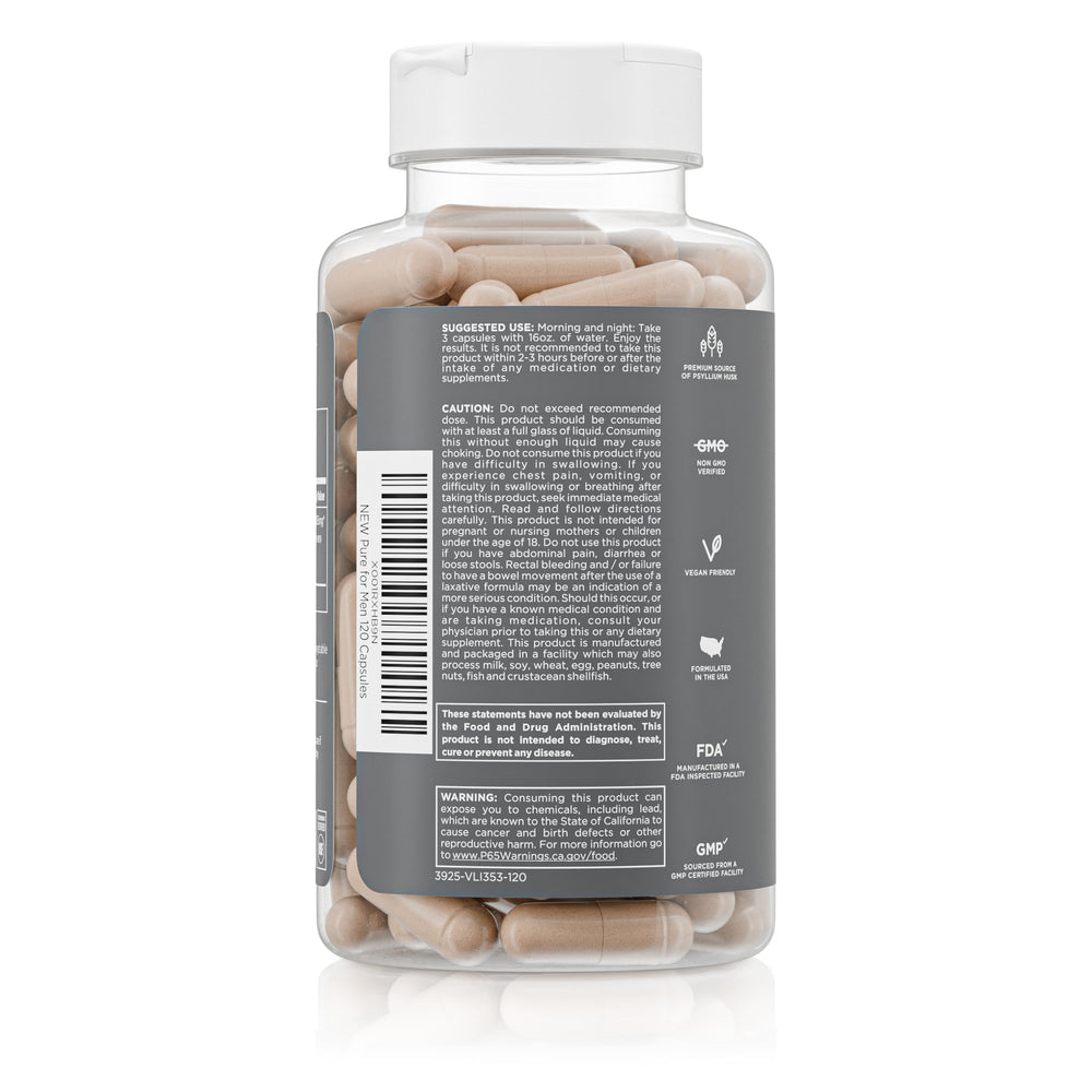 Pure for Men close-up de psyllium en polvo mostrando su textura absorbente