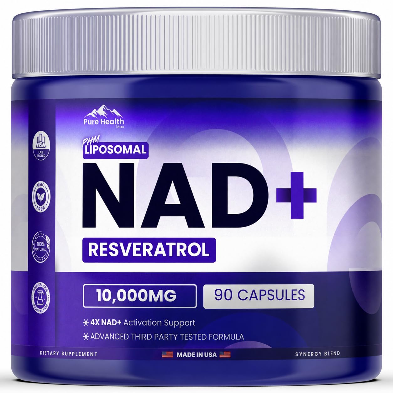 PURE HEALTH MAX frente del envase mostrando 90 cápsulas, garantía de suministro mensual