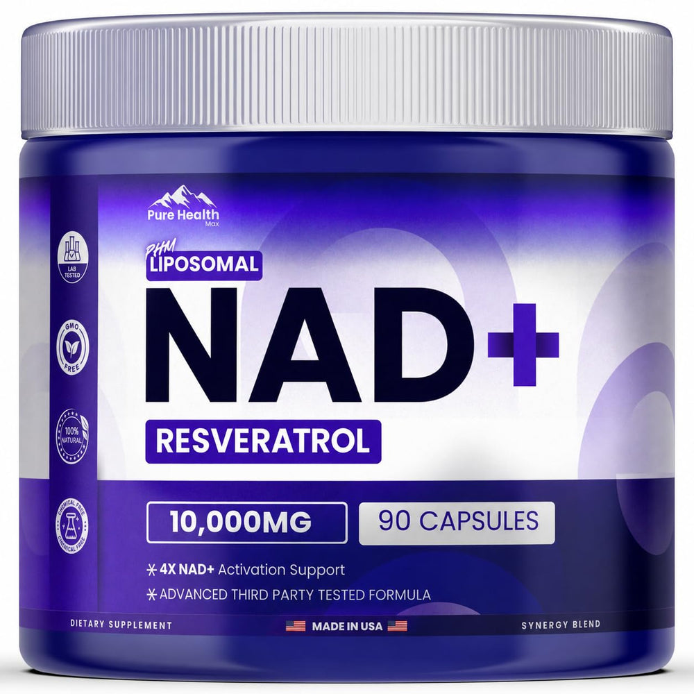 PURE HEALTH MAX frente del envase mostrando 90 cápsulas, garantía de suministro mensual
