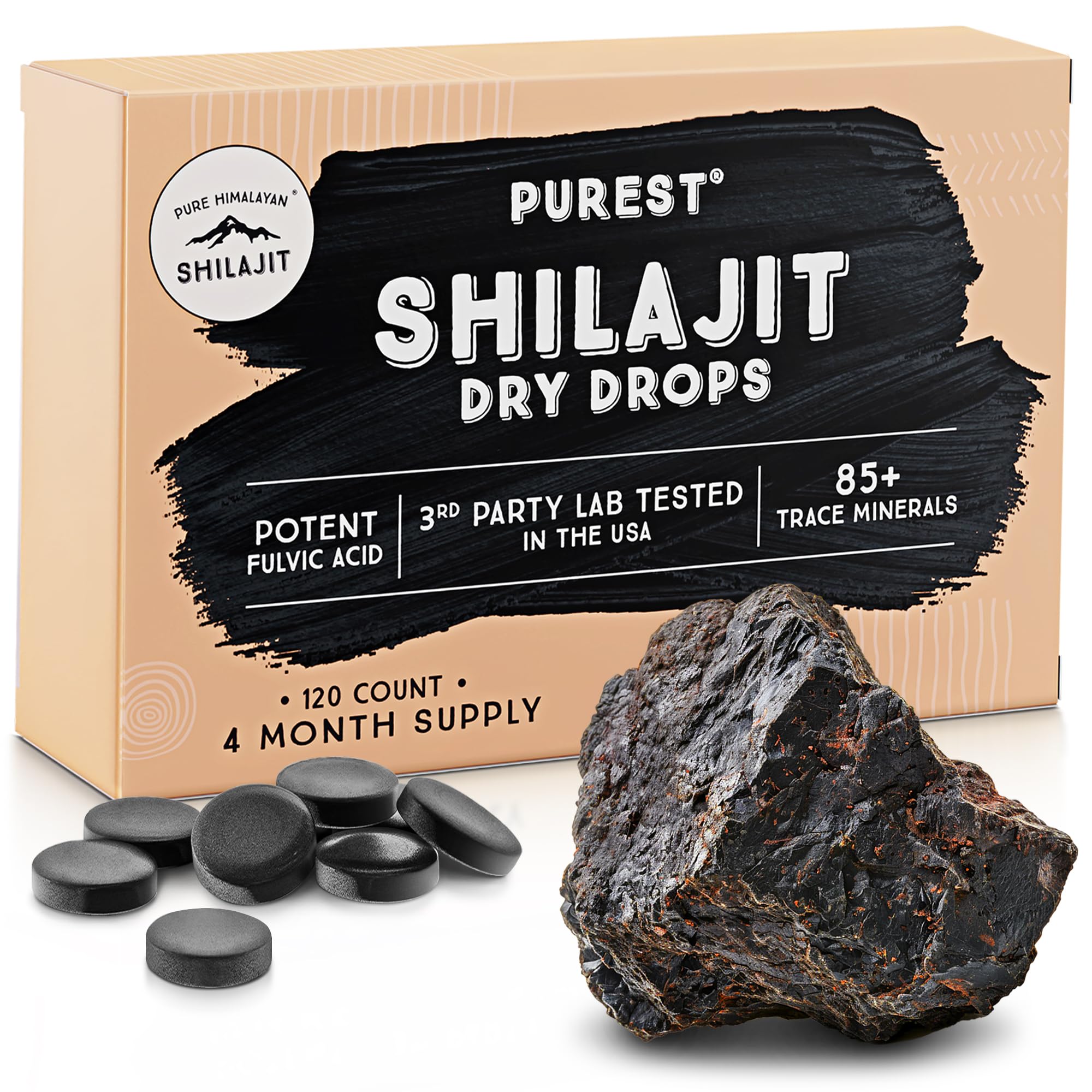 Pure Himalayan Shilajit empaque frontal mostrando sello de pureza y beneficio de conveniencia