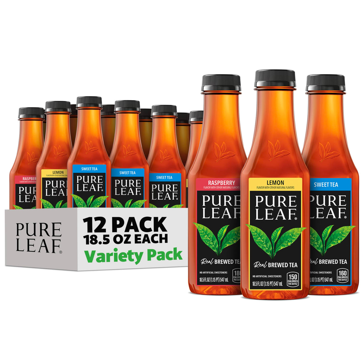 Pure Leaf frontal del paquete de 12 botellas mostrando variedad y conveniencia