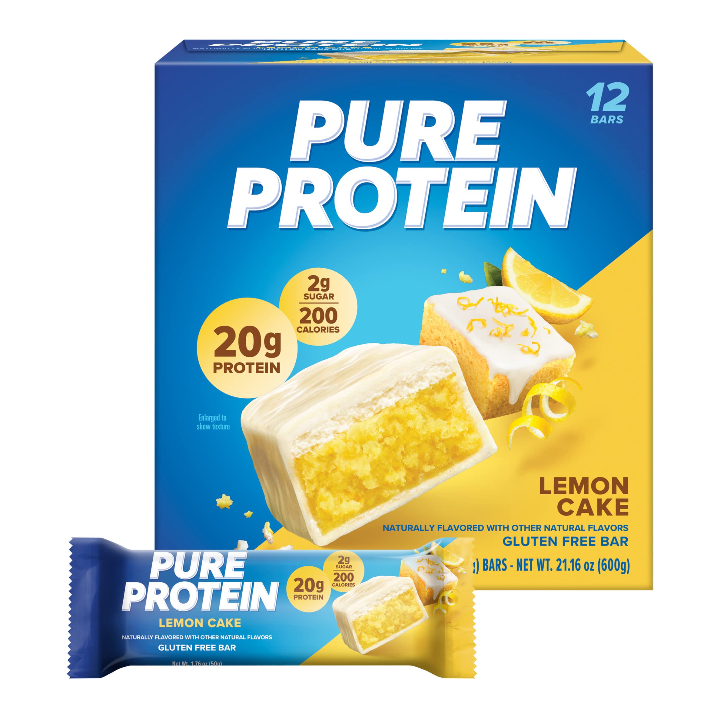 Pure Protein barrita Lemon Cake frontal con envase, práctico para llevar