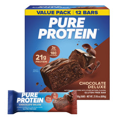 Pure Protein empaque frontal mostrando las 12 barritas y la marca, conveniencia inmediata
