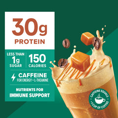 Pure Protein enfoque en la textura cremosa que promete sabor a caramelo macchiato