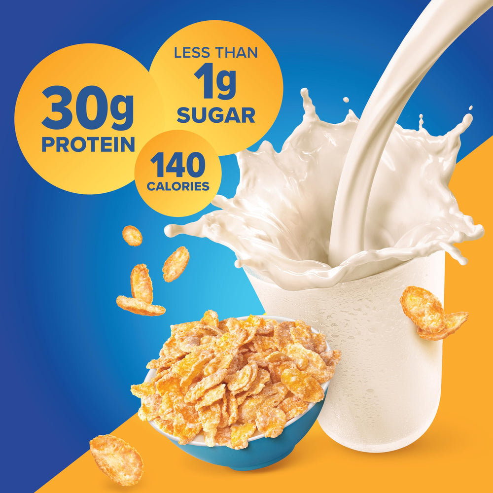 Pure Protein en mesa de desayuno junto a tazón y frutas como alternativa nutritiva