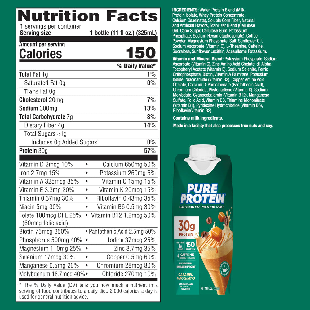 Pure Protein primer plano de la etiqueta con vitaminas y proteínas para apoyo nutricional