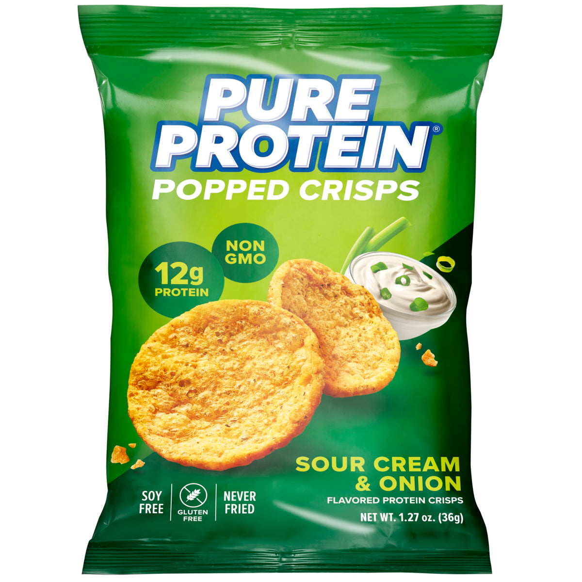 Pure Protein bolsa frontal Sour Cream & Onion muestra marca y conveniencia