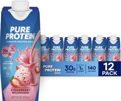 Pure Protein front packaging showing 11 oz bottle and nutrition highlights