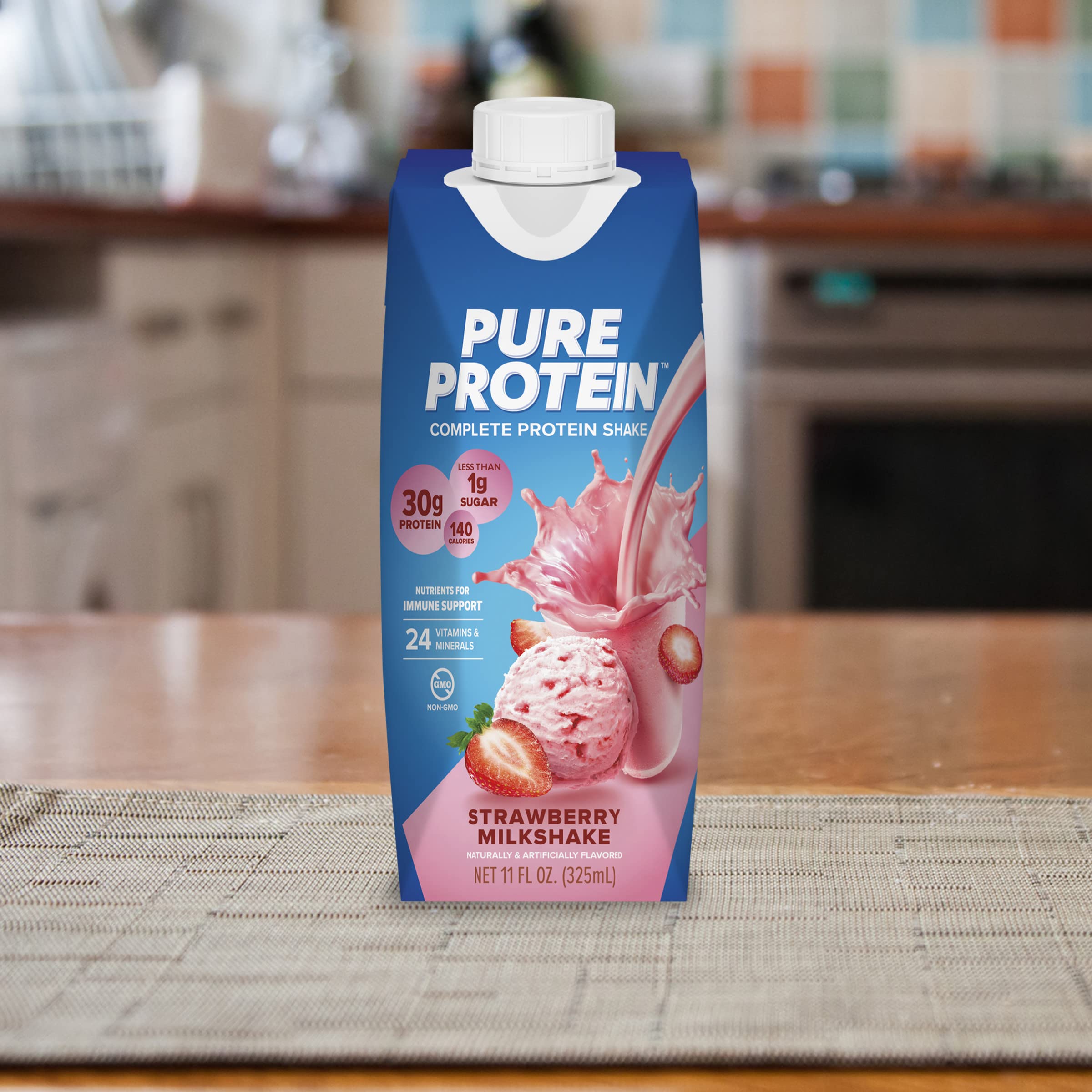 Pure Protein bottle peeking from gym bag illustrating post-workout convenience