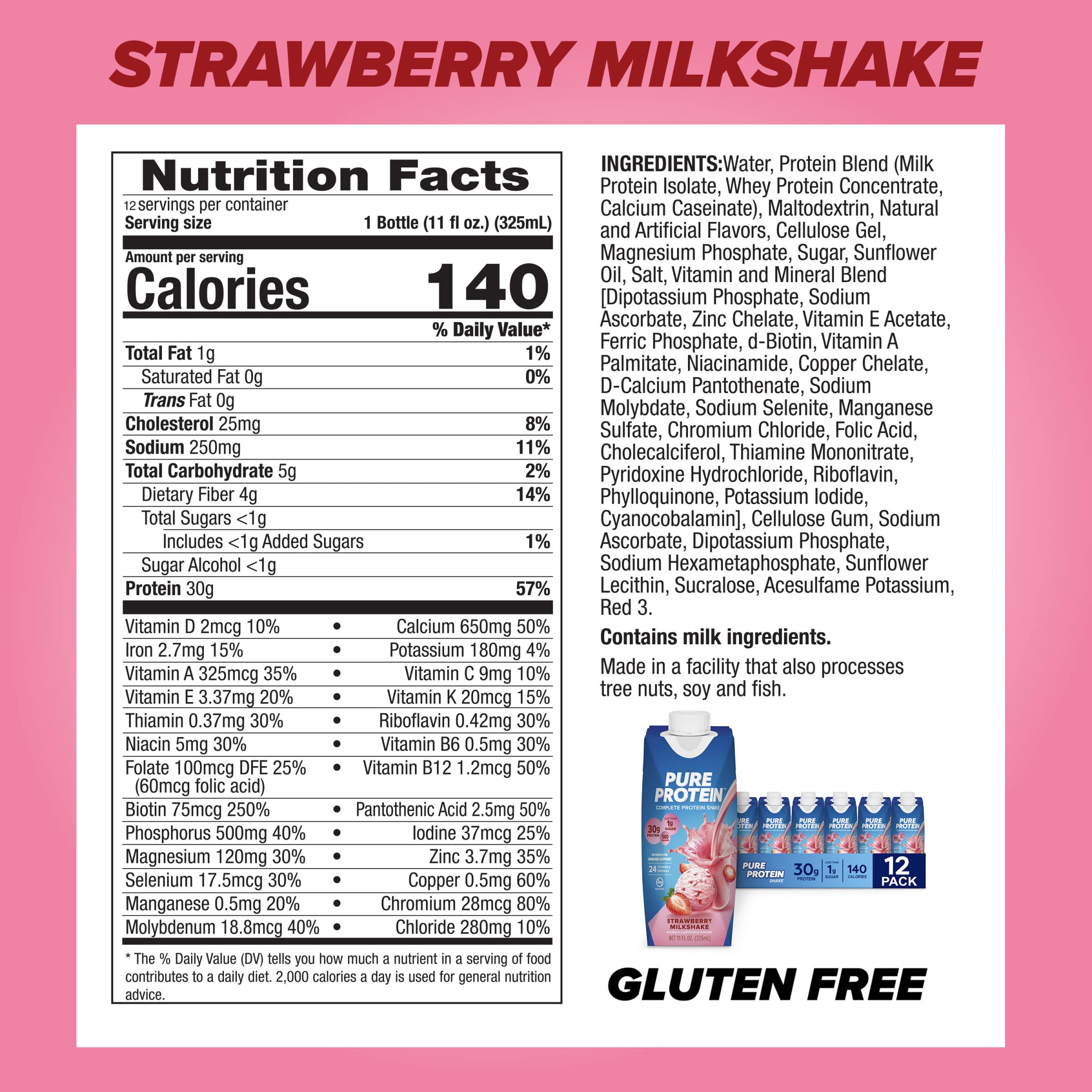 Pure Protein strawberry shake being poured to show creamy texture and consistency
