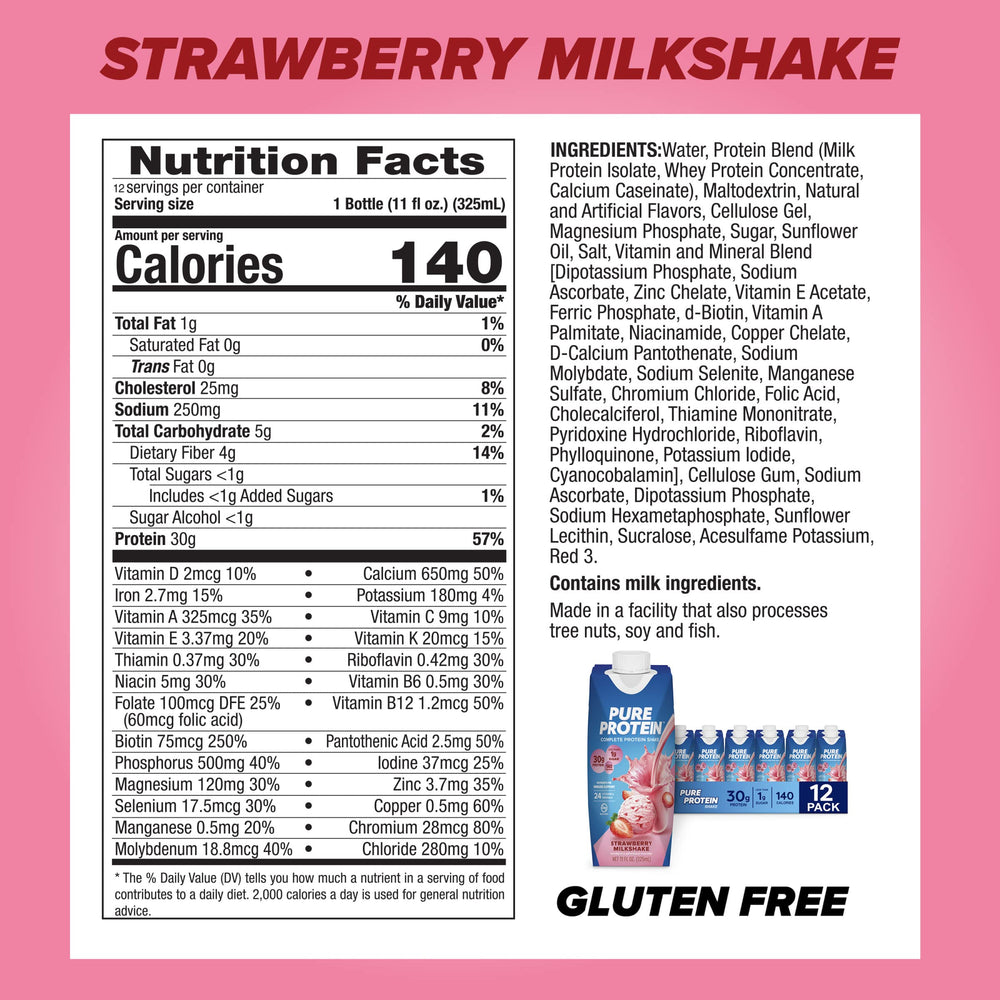 Pure Protein strawberry shake being poured to show creamy texture and consistency