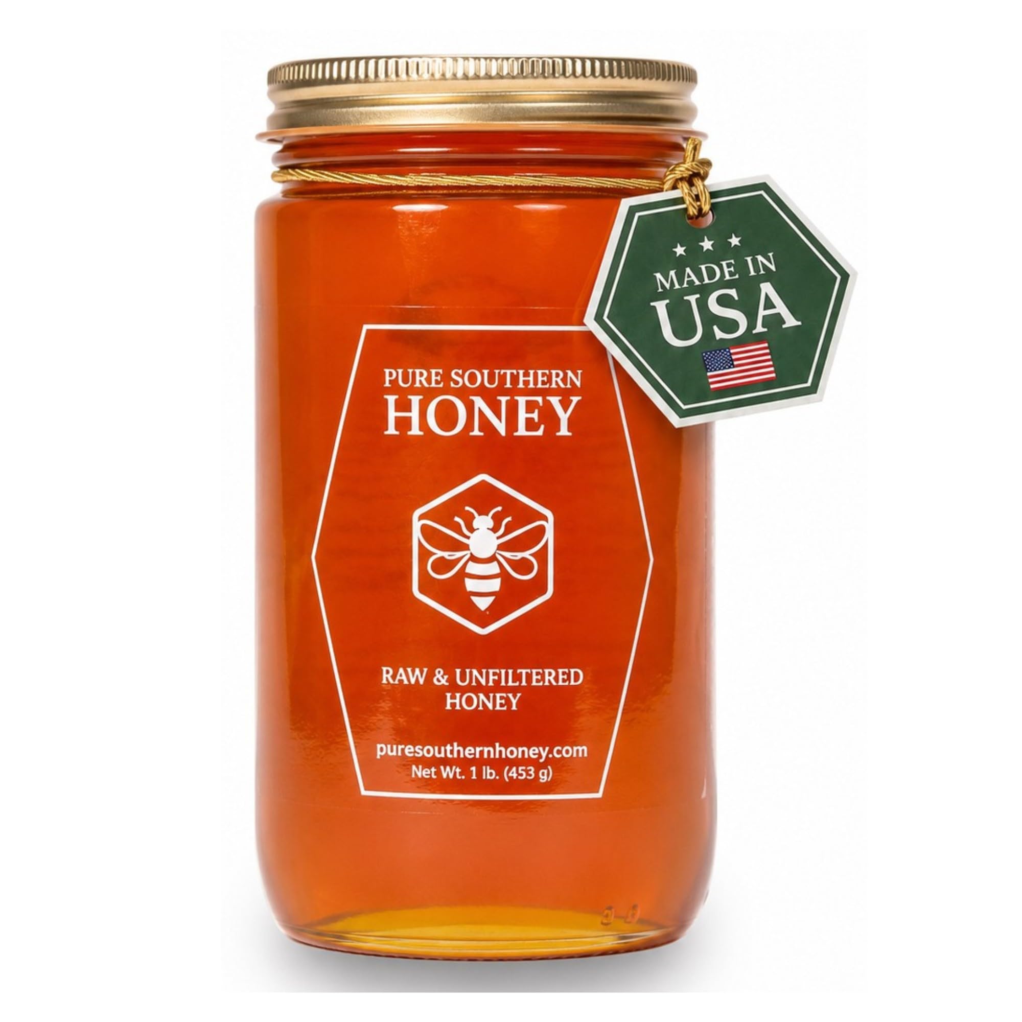 Pure Southern Honey frasco frontal mostrando color y sello de calidad