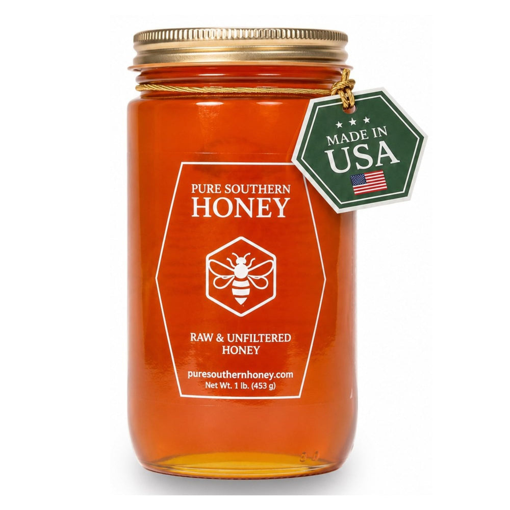 Pure Southern Honey frasco frontal mostrando color y sello de calidad