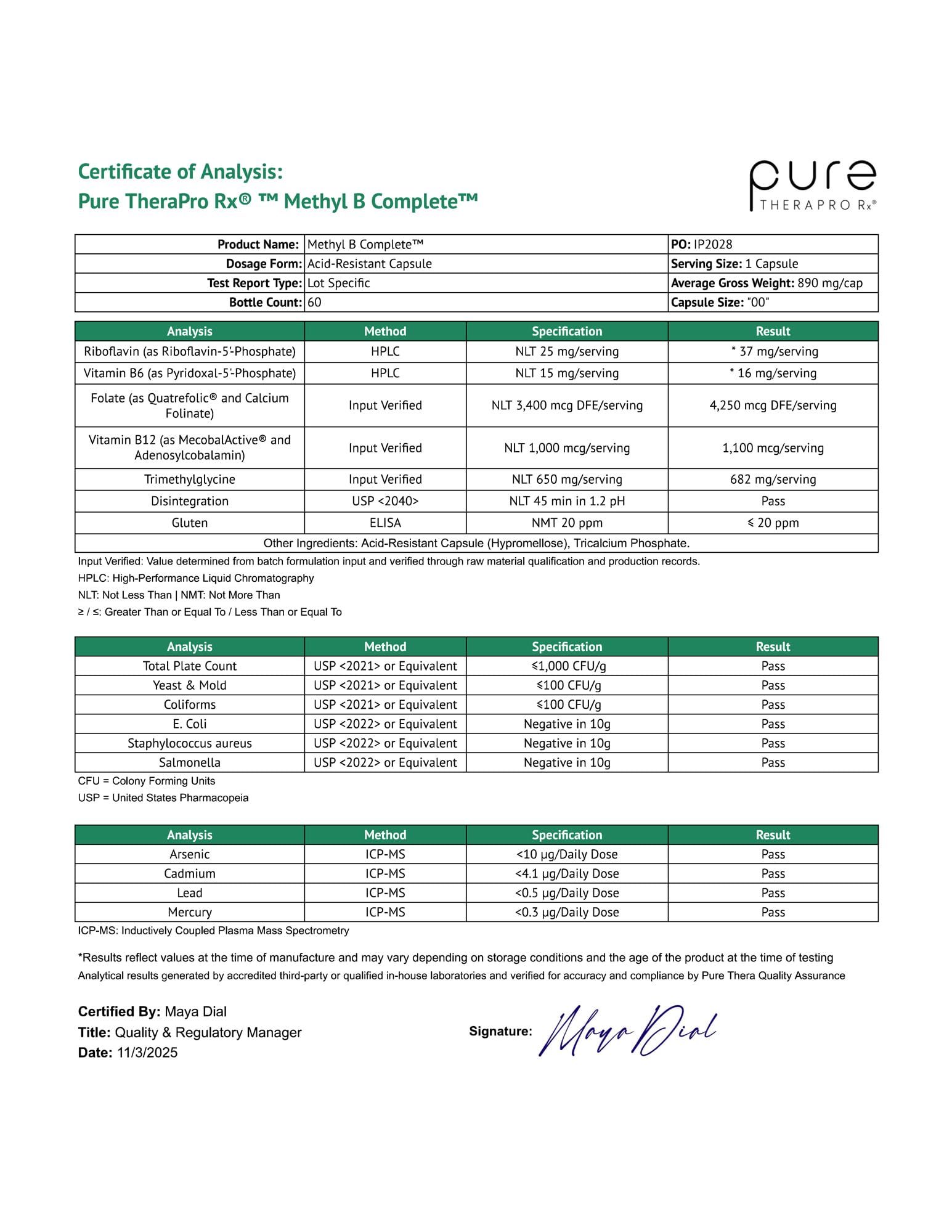 Pure Therapro Rx tabla de composición mostrando dosificación precisa