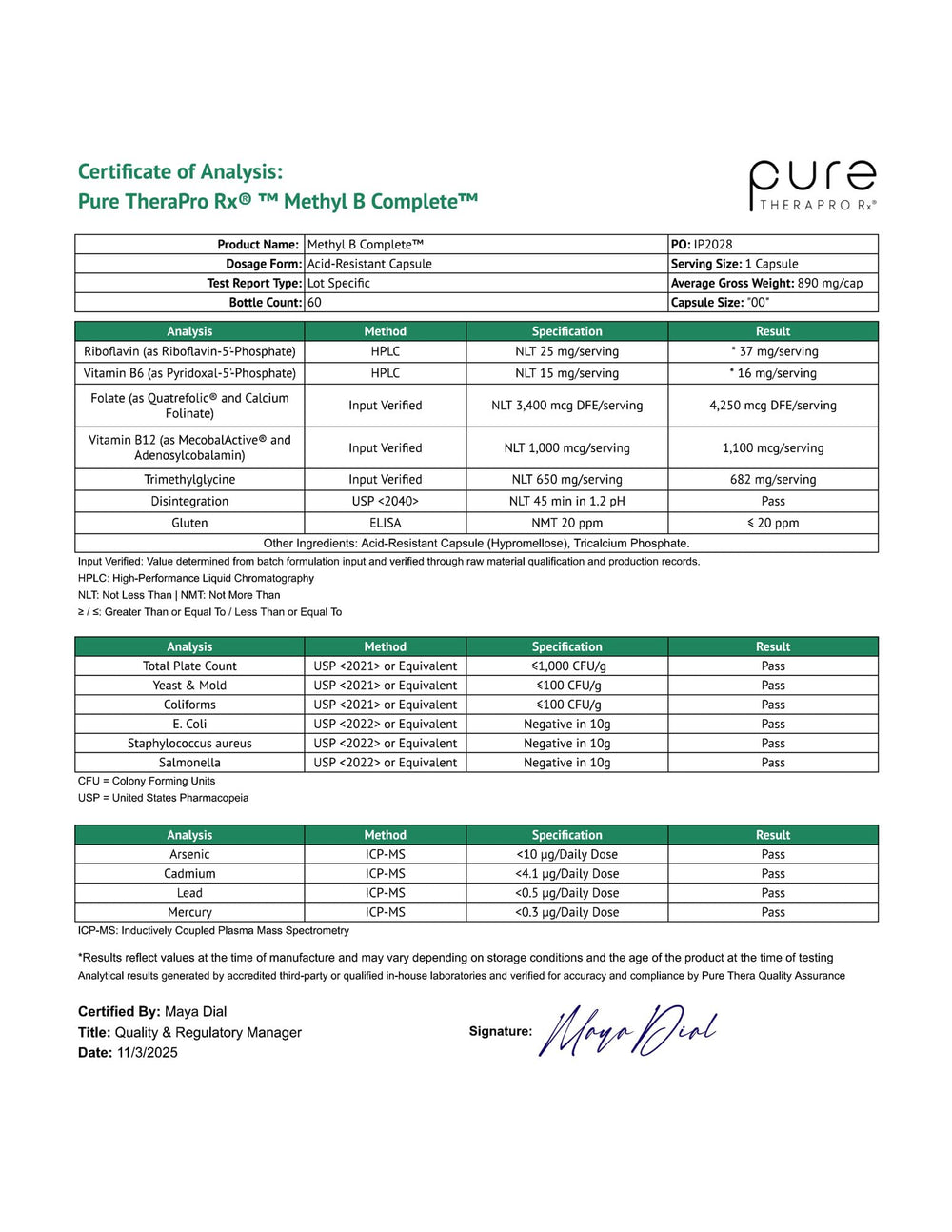 Pure Therapro Rx tabla de composición mostrando dosificación precisa