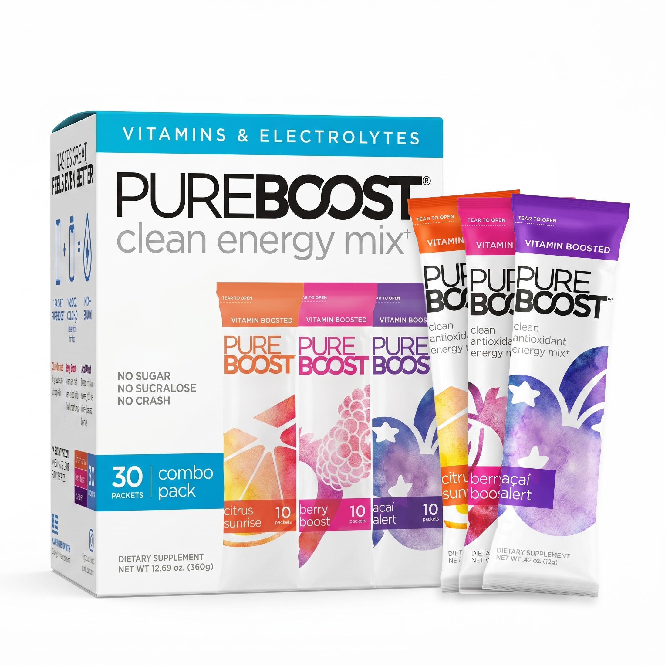 Pureboost frente del empaque mostrando 30 sobres y beneficios limpios