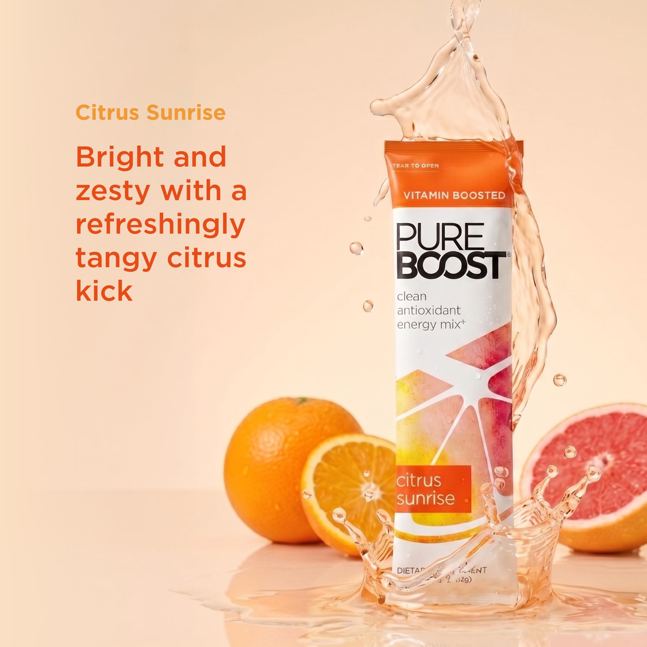 Pureboost polvo disuelto en vaso, bebida clara y refrescante lista