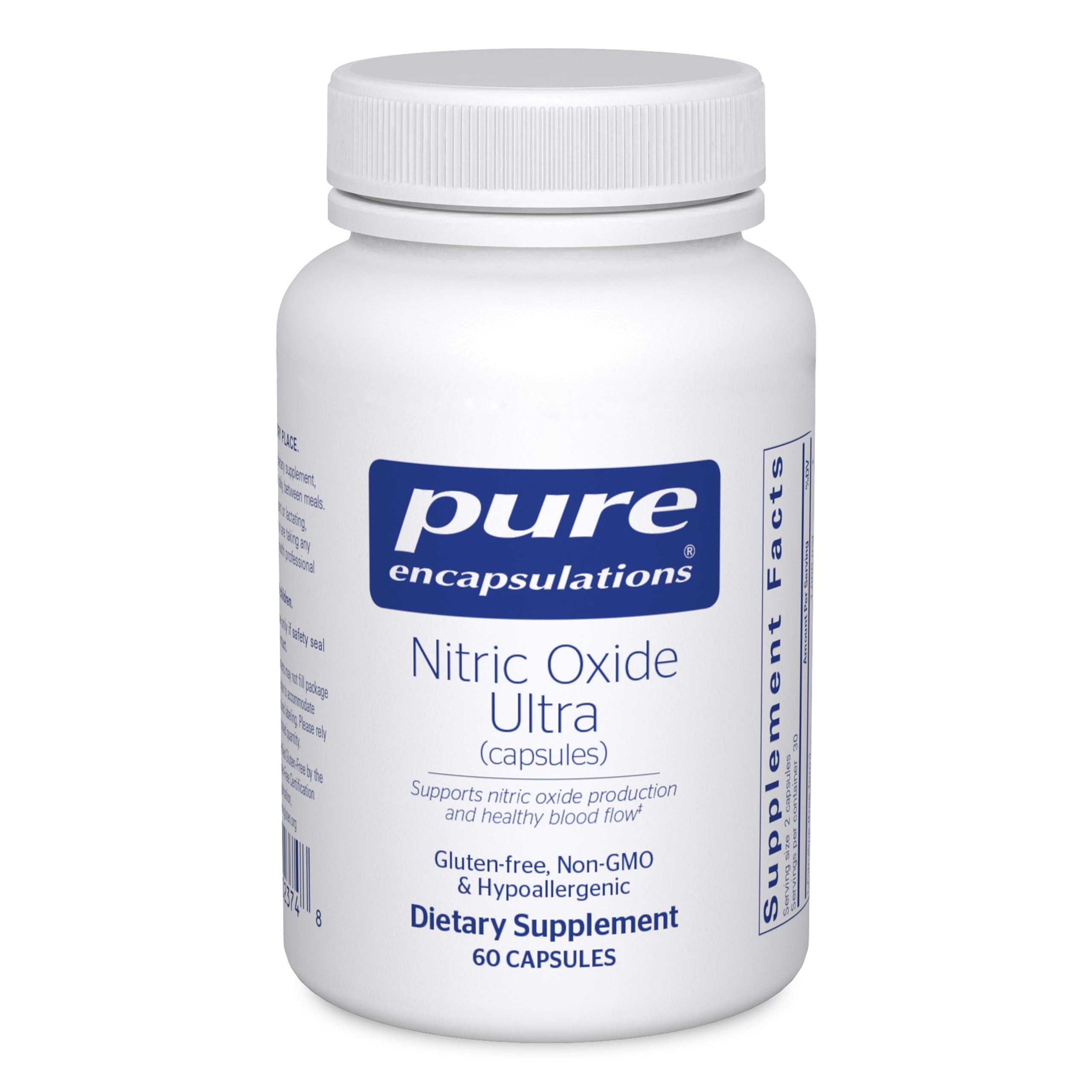 Pure Encapsulations bote frontal mostrando Nitric Oxide Ultra y sus beneficios