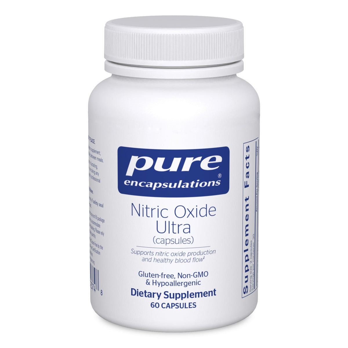Pure Encapsulations bote frontal mostrando Nitric Oxide Ultra y sus beneficios
