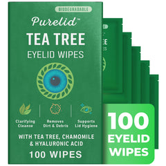 PURELID empaque frontal mostrando 100 toallitas para limpieza ocular, conveniente