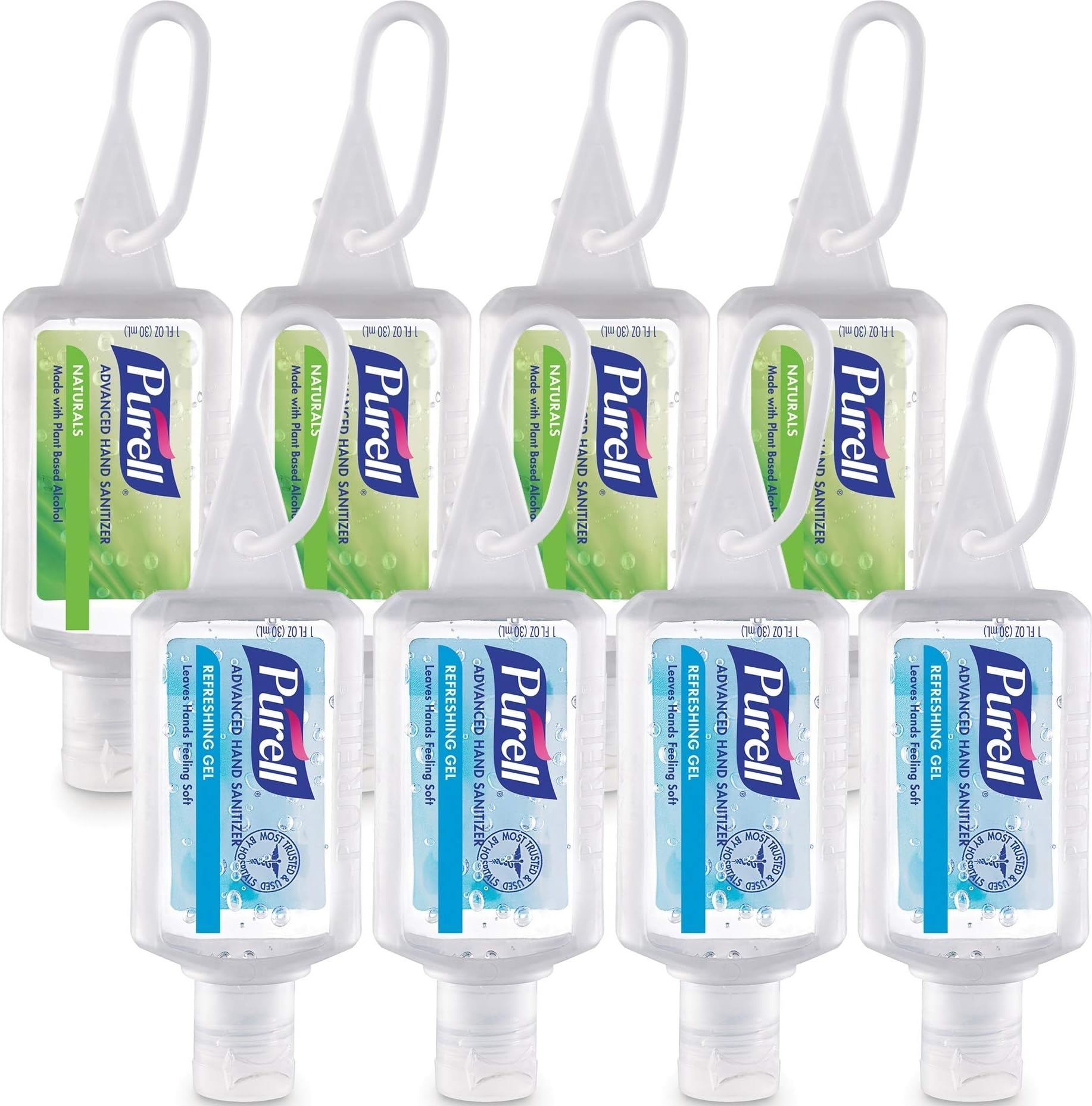 Purell frontal pack de 8 botellas mostrando variedad y portabilidad