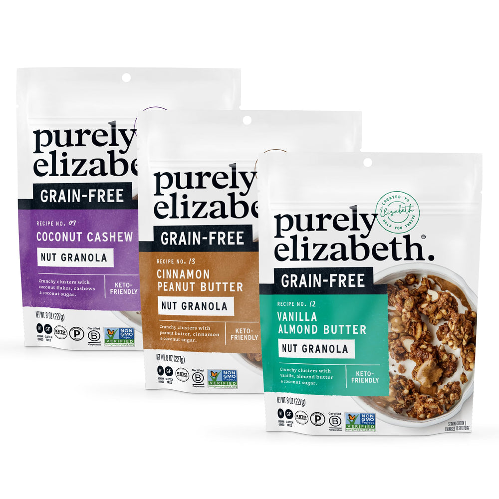 Purely Elizabeth front packaging showing three 8 oz bags and variety benefit