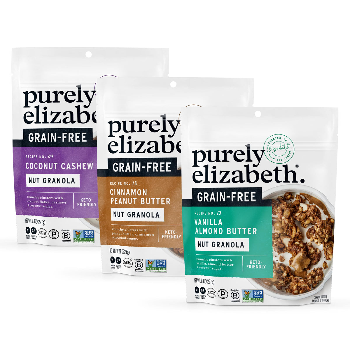 Purely Elizabeth front packaging showing three 8 oz bags and variety benefit