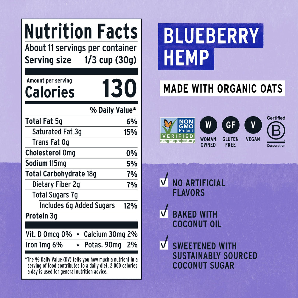 Purely Elizabeth nutrition label and claims indicating gluten-free and vegan benefits