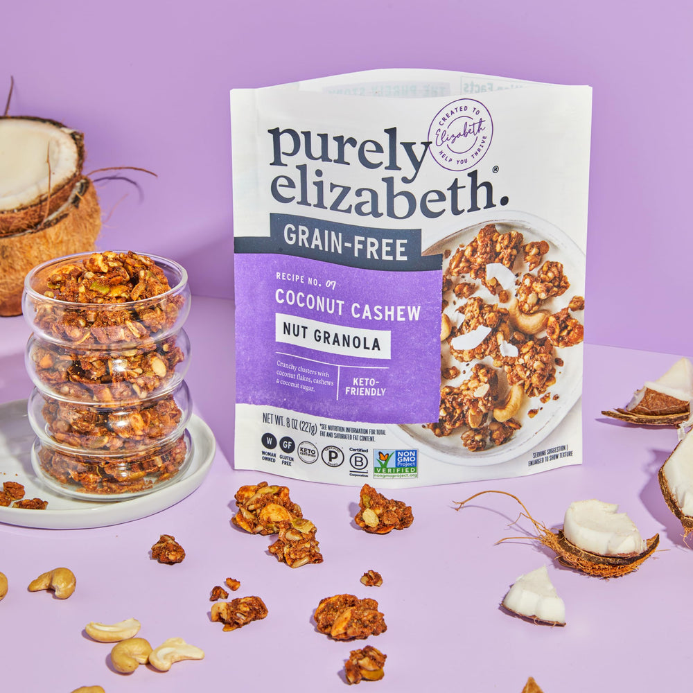 Purely Elizabeth open bag with crunchy clusters ready to snack or top dishes