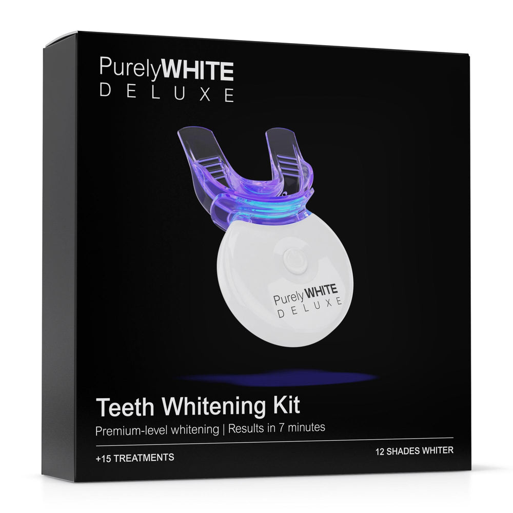 PurelyWHITE DELUXE frente del empaque mostrando kit completo y ventaja de uso doméstico