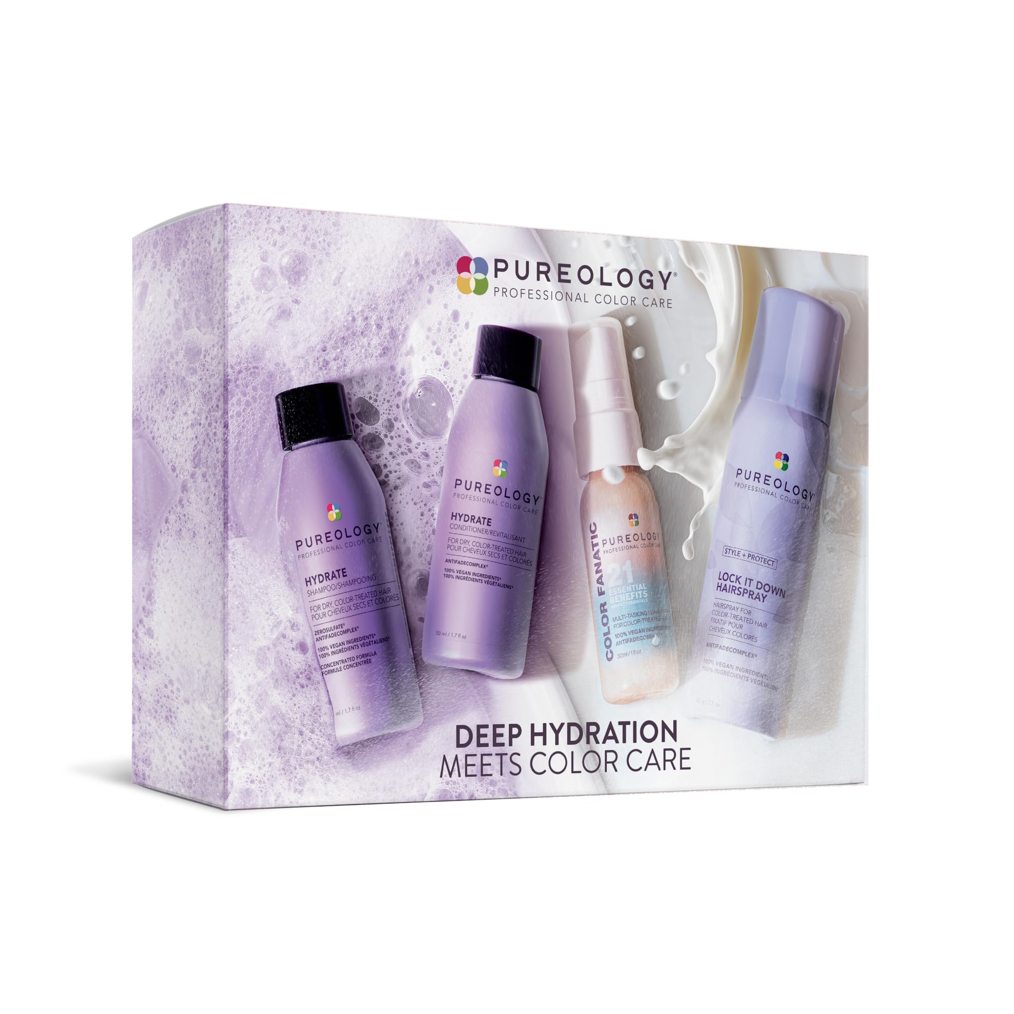 Pureology empaque frontal del kit Hydrate mostrando todos los envases y beneficios