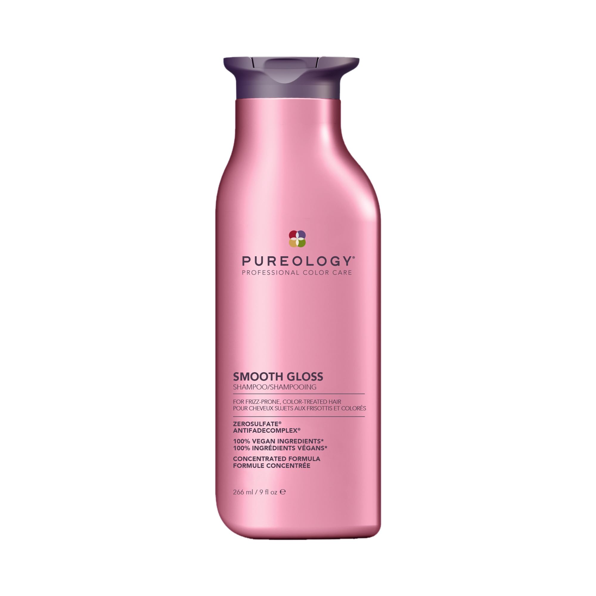 Pureology champú frontal mostrando envase y acabado brillante