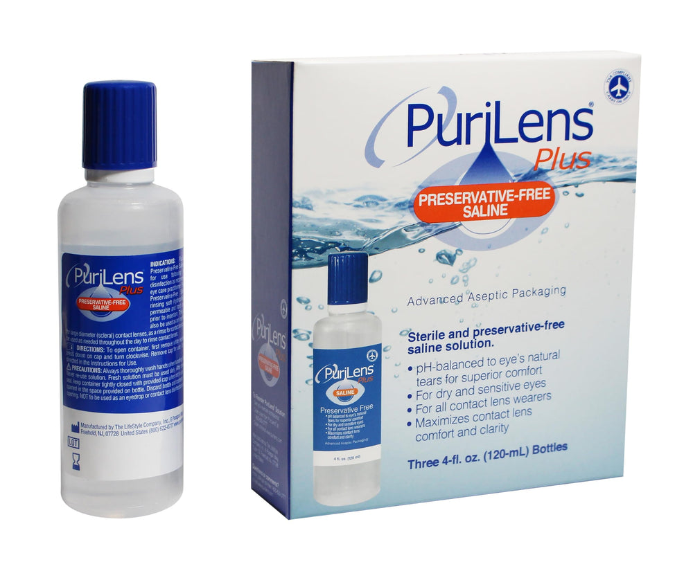 Purilens Plus caja pack de 3 botellas mostrando la marca y el envase práctico